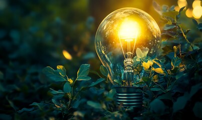 A creative concept image showing a glowing light bulb surrounded by lush green leaves, with the warm sunlight inside the bulb symbolizing eco-friendly energy,