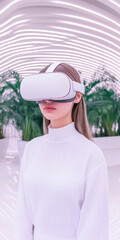 Young Woman Using VR Headset in Futuristic Interior