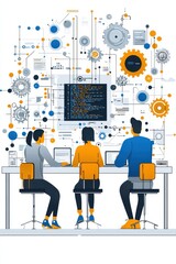 Fototapeta premium A minimalist vector illustration of three people collaborating on an AI project. 