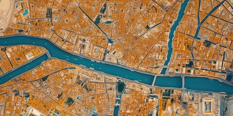 Obraz premium Aerial view of a vibrant urban landscape with winding river, showcasing historic architecture and waterways