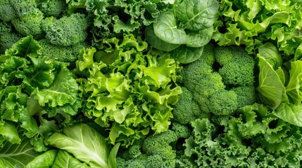 Close-up of a mix of leafy greens like kale, spinach, and lettuce, covering the entire background, emphasizing their vibrant colors and freshness.