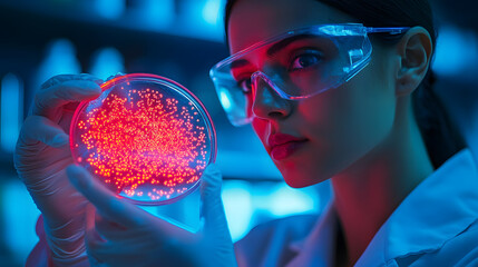 Science of Discovery: A dedicated female scientist in a high-tech laboratory examines a glowing petri dish containing a culture, reflecting her focus and commitment.