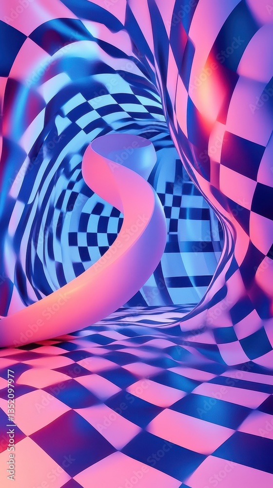 Wall mural abstract digital tunnel with a swirling form and checkered pattern