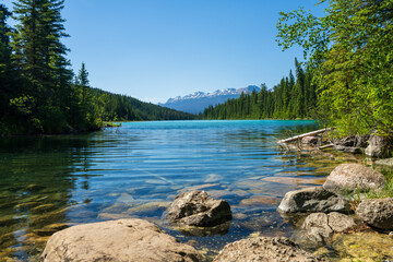 Valley of the Five Lakes. Enchanting Turquoise Lake in Jasper National Park, Alberta, Canada.