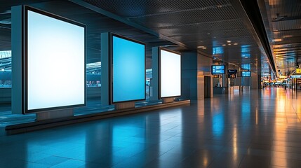 Three large digital billboards inside an airport terminal arranged as vertical advertising posters