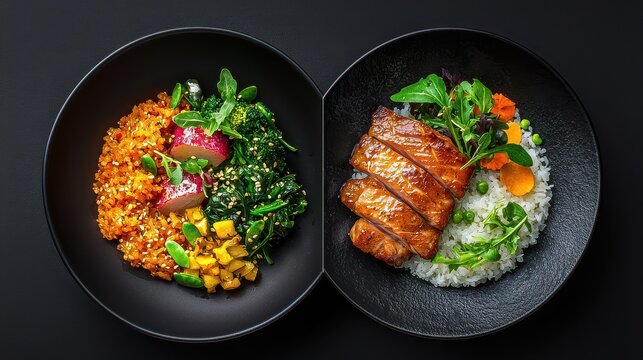 Colorful bowls of delicious food feature rice, vegetables & varying textures. Dark backgrounds enhance orange, green, & black hues, creating inviting dishes.
