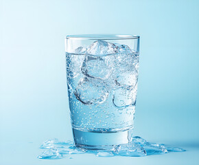 Glass of clean mineral sparkling water with ice on a light blue background