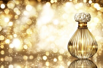 A gold perfume bottle is presented with bokeh lighting in background