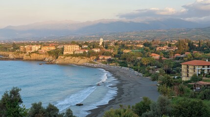 Coastal town sunset beach panorama, Mediterranean mountains backdrop, summer vacation