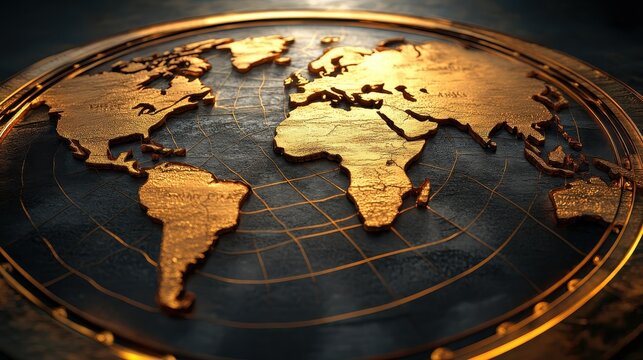 A golden stylized world map rests on a textured dark surface