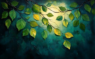  Lush Green Leaves Cascading Across Dark Teal Background with Soft Glow