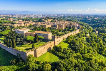 Fototapeta premium Aerial view of a historic castle surrounded by lush greenery and distant mountains under blue sky