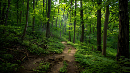 Obraz premium Tranquil Hiking Trail Winding through Lush Woodland under a Sunlit Canopy - Perfect Escape into Nature