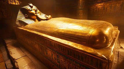 Fototapeta premium Golden Artifact: The resplendent sarcophagus of the ancient pharaoh, gleaming with gold in its final resting place, bathed in the warm light of the chamber, exuding an aura of majesty.