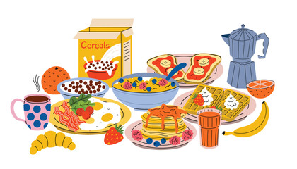 Breakfast food for family. Cartoon morning dish menu collection for cafe, home or hotel. Bacon with fried eggs, toasts with jam, waffles, pancakes and cereals isolated on white.