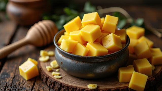 A bowl of freshly grated cheese accompanied by a spoonful of honey on a rustic wooden table with a blurred background emphasizing warmth and comfort.