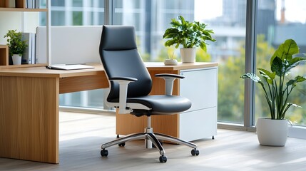 Sophisticated and Professionally Designed Corporate Office with Spacious Wooden Desk Luxurious High Back Executive Chair and Decorative Shelving in Neutral Tones