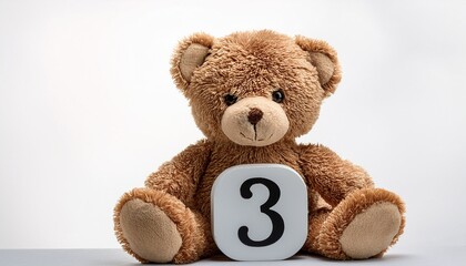 Obraz premium Cute brown teddy bear with number 3, kids third birthday party. Stuffed animal isolated on white background