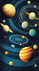 A colorful stylized illustration of planets within a starry cosmos