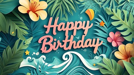 Vibrant and colorful tropical paradise themed paper cut design featuring lush palm leaves  ocean waves  and a bright  Happy Birthday  banner  and decorative background perfect for summer  beach