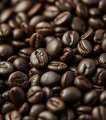 Fototapeta premium Dark roasted coffee beans close-up, rich aroma, food, arabica, detail