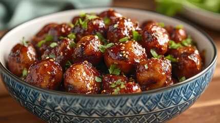 Glazed Meatballs in a Bowl on Wooden Surface