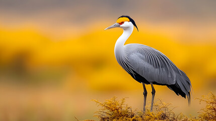 Fototapeta premium Grey Crowned Crane standing in grassy field, golden sunset background, wildlife photography for nature documentaries