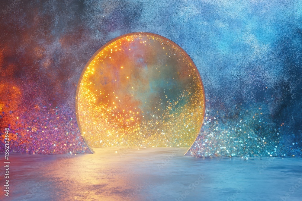 Wall mural a luminous circular portal with sparkling particles and textured background