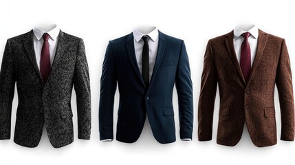 Three men's suits in different colors and textures