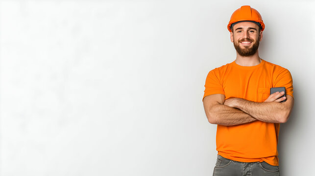 Happy construction worker smiling, arms crossed, holding phone, white background; ideal for construction, contractor, or industry websites