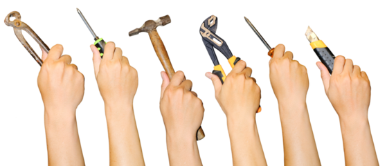 Hands holding different mechanic tool isolated on transparent background.