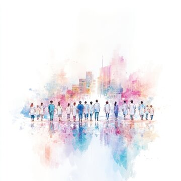 Pastel Watercolor Illustration: Team of Doctors in Hospital with Selective Focus
