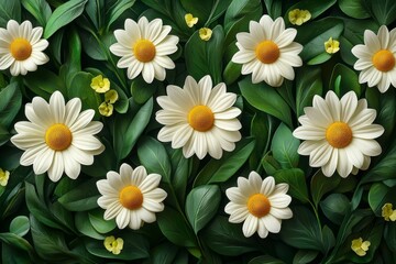Fototapeta premium Daisy meadow filled with white daisies with yellow centers surrounded by lush green leaves. Concept of serene beauty in a vibrant daisy meadow featuring delicate flowers.