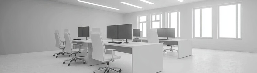 Bright, empty office space. Desks & chairs near windows. Clean workspace. For business, design