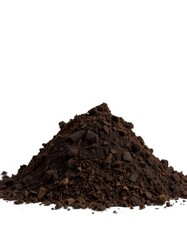Rich dark brown soil pile isolated on white background, sand, nutrient