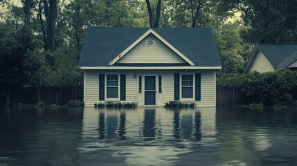 Obraz premium Flood Disaster: House Submerged in Floodwaters