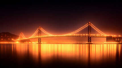 Illuminated bridge at night, city skyline reflected in calm water, nighttime cityscape background; ideal for travel or city brochures