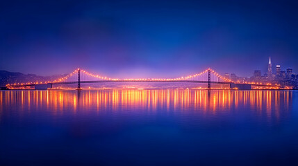 Fototapeta premium Illuminated bridge at twilight, city skyline reflection, calm water, nighttime cityscape