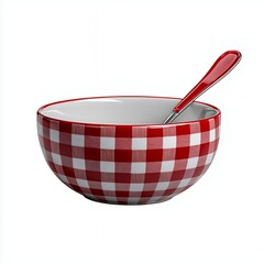 Empty Red and White Gingham Bowl with Spoon on White Background