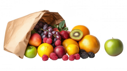 A red paper bag overflowing with fresh fruit: green kiwi, orange, apple, and juicy red grapes & berries. A perfect mix!