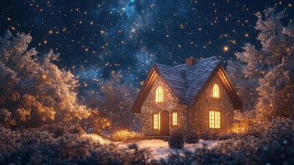 A Cozy Stone Cottage Illuminated Under a Sparkling Night Sky