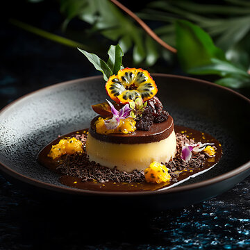 A luxurious tropical dessert, chocolate mousse served on a dark plate