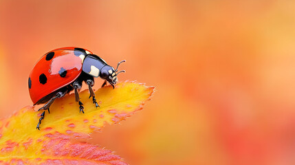 Obraz premium Ladybug on autumn leaf, blurred orange background, nature close-up, perfect for seasonal designs