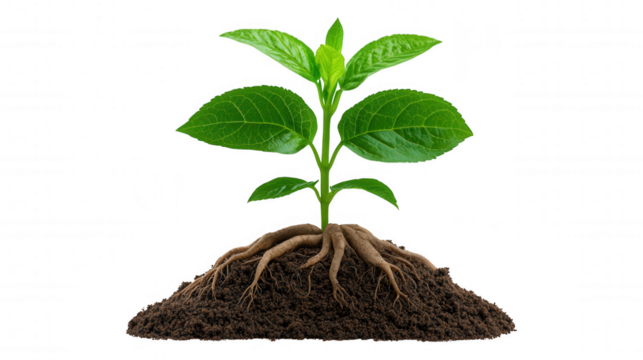 From the earth, a green sprout with life emerges. Its stem unfurls, reaching for the sun, nourished by the soil, as roots anchor the plant, and a leaf begins to grow.