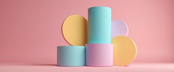 Fototapeta premium Geometric Shapes: A minimalist composition of vibrant, pastel-colored geometric shapes, forming a balanced and visually pleasing arrangement against a soft pink backdrop. 