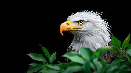 Obraz premium Majestic Bald Eagle Profile, Green Foliage, Black Background; Wildlife Photography for Nature Documentaries