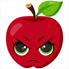 Angry red apple with intense green eyes and furrowed brows. Expressive fruit illustration perfect for emoticons, packaging, advertising, stickers, and creative food-related designs