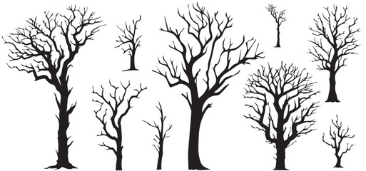 silhouette of a tree Tree without leaves silhouettes bundle Set of scary tree dead tree silhouettes Leafless tree vector