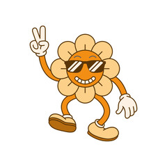 Retro groovy flower character with stylish sunglasses