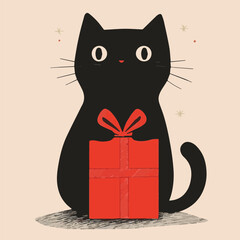 Illustration of Cute black Cat and red gift Christmas and New Year Cards